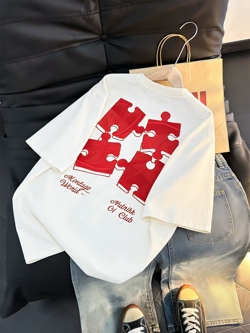 Áo thun ngắn tay thêu kiểu Mỹ dành cho nam và nữ, áo thun cotton nguyên chất mùa hè, áo thun nửa tay kiểu dáng rộng rãi hợp thời trang dành cho cặp đôi.