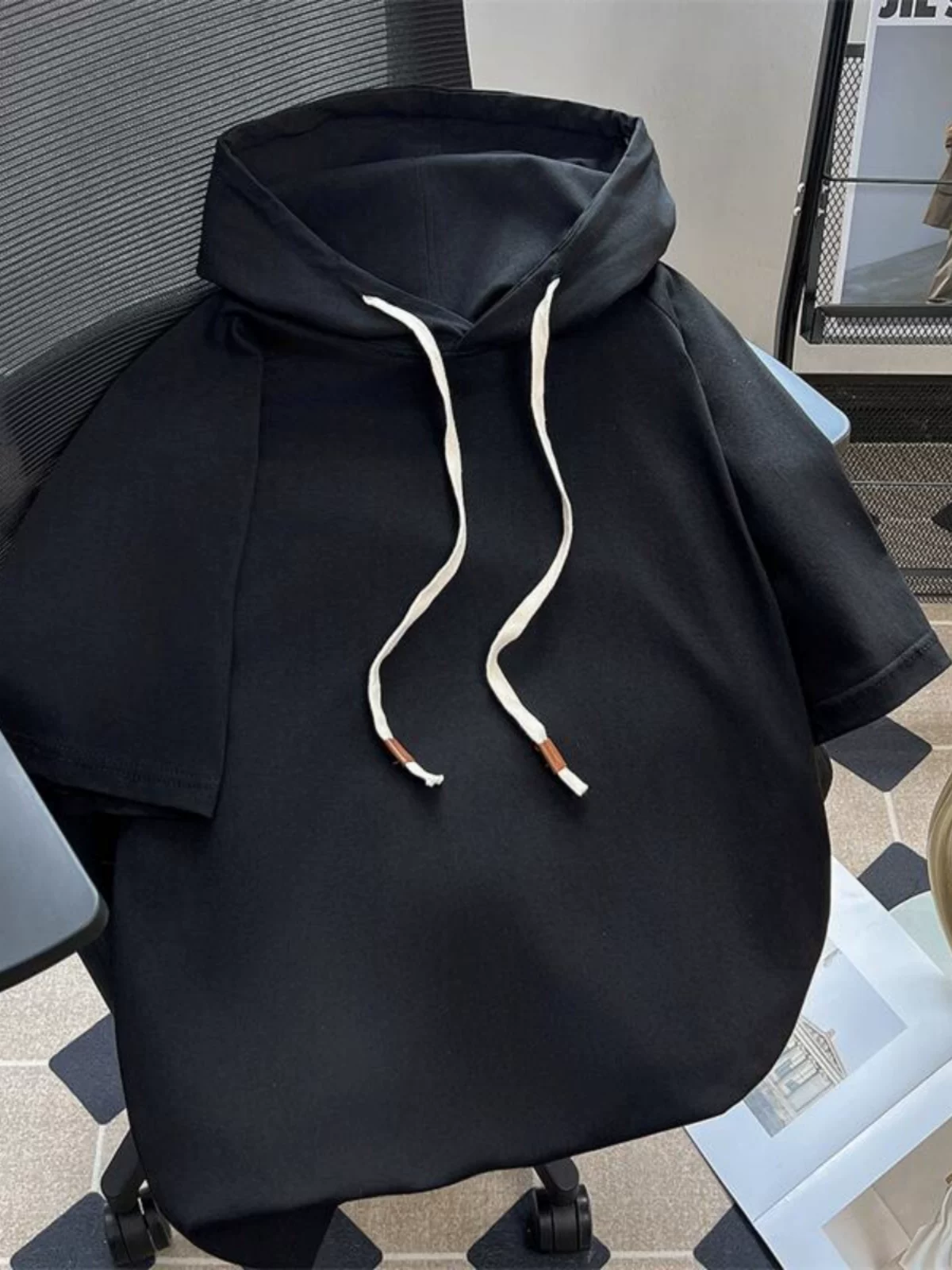 Áo thun nam cotton nguyên chất tay lửng, dáng rộng, có mũ, chất liệu dày dặn kiểu Mỹ, áo thun ngắn tay thời trang mùa hè, áo thun đôi đa năng.