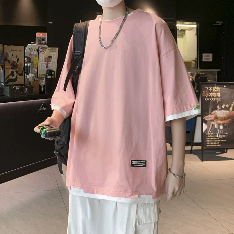 Áo thun giả hai mảnh tay ngắn dành cho nam, phong cách Hồng Kông, áo nửa tay rộng rãi hợp thời trang, áo thun tay lửng mùa hè sành điệu.