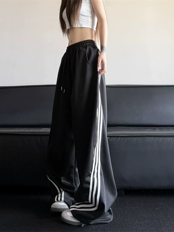 Quần thể thao ba sọc phong cách hip-hop Mỹ dành cho nam, quần ống cong vintage xuân/thu, quần ống rộng dài chạm đất thời thượng, thương hiệu nổi tiếng.