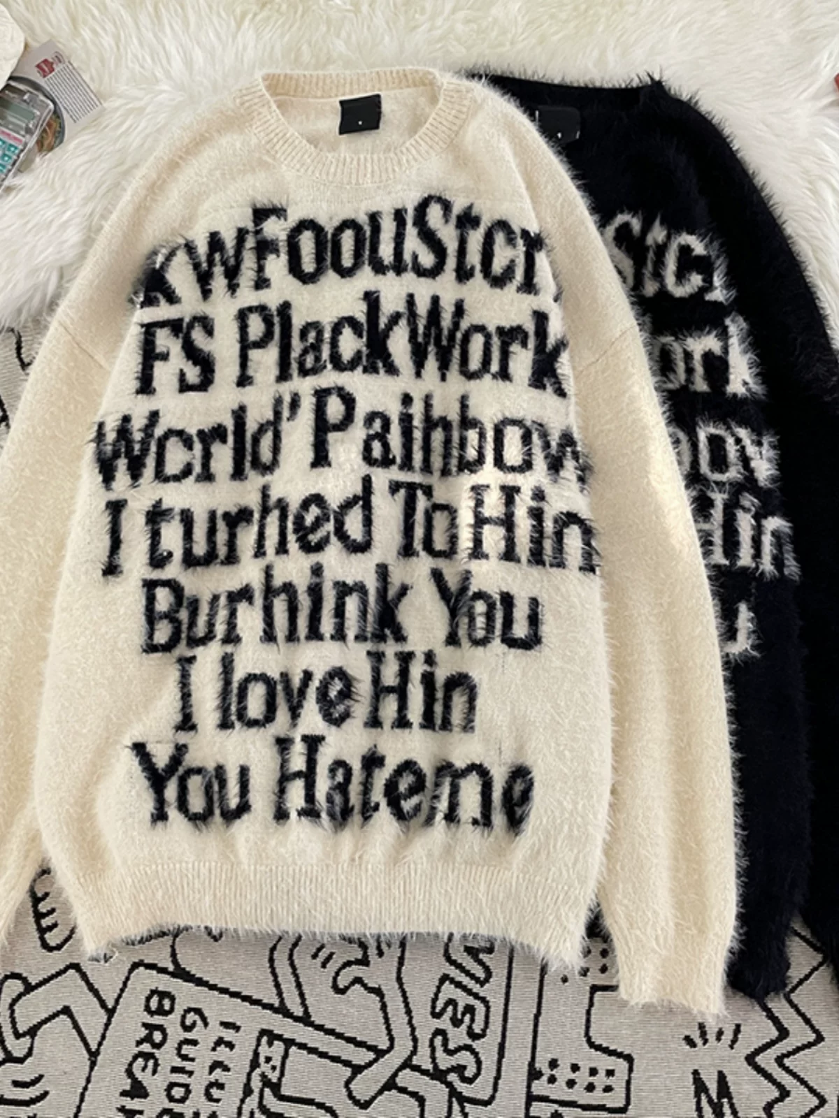 Áo len cặp đôi in chữ, phong cách Mỹ, thời trang thu đông, kiểu dáng rộng rãi, chất liệu dệt kim, áo khoác len phong cách lười biếng dành cho nam