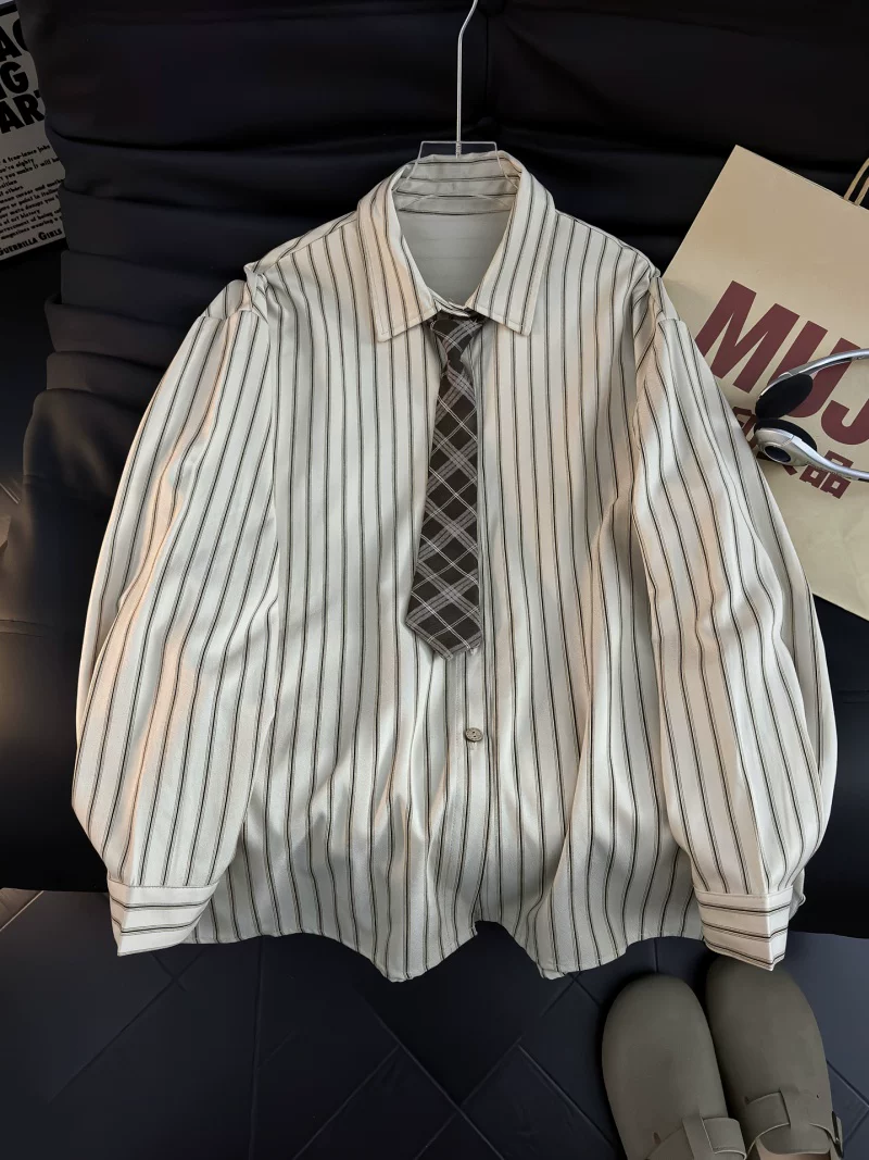 Áo sơ mi dài tay kẻ sọc phong cách Nhật Bản dành cho nam, áo kiểu dáng rộng hợp thời trang mùa hè, áo khoác sơ mi kiểu cổ điển.