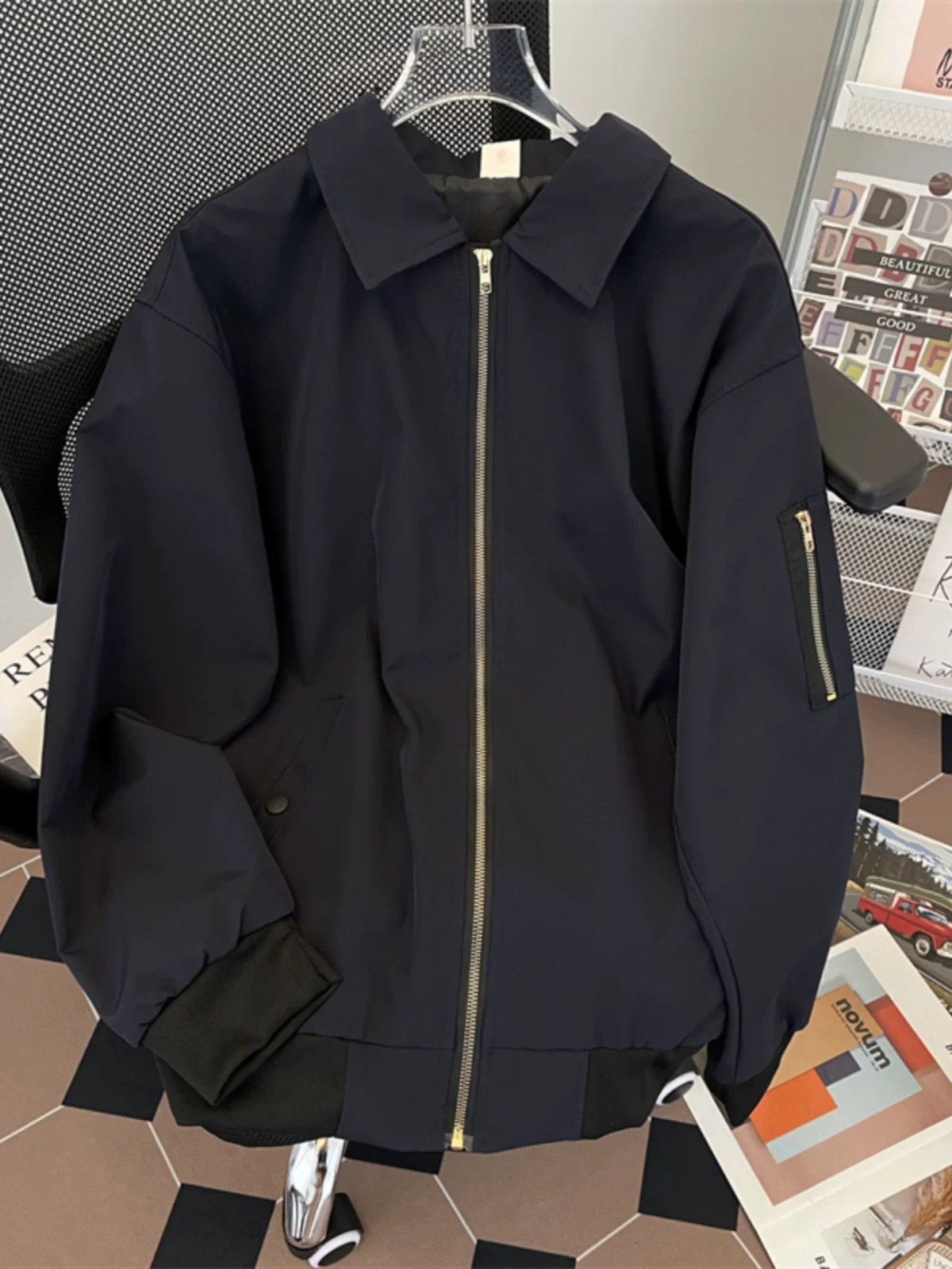 Áo khoác phi công phong cách Mỹ thời thượng, thương hiệu sành điệu, quần áo nam cá tính, áo khoác casual dáng rộng, cổ trụ, mùa xuân thu.