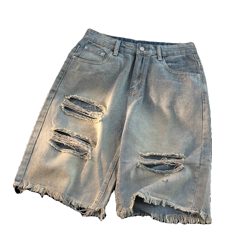 Quần short denim rách cho nam, phong cách Mỹ thời thượng, quần đã qua xử lý giặt mềm, dáng rộng mùa hè, quần short năm phần cá tính và sành điệu.