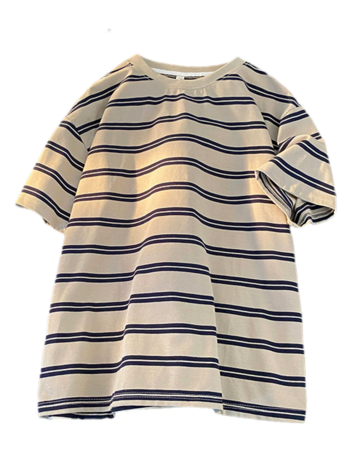 Áo thun kẻ sọc retro Mỹ dành cho nam, tay ngắn, chất liệu cotton dày dặn, dáng rộng, áo cặp đôi thời trang mùa hè đa năng.