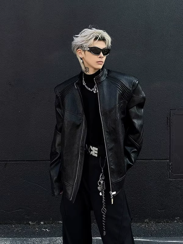 Áo khoác da PU thiết kế gờ kim loại, kiểu dáng đường phố Mỹ mùa xuân, áo khoác ngắn với cổ đứng độc đáo dành cho nam.