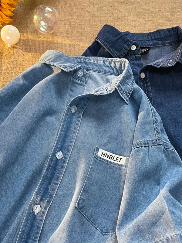 Áo sơ mi denim ngắn tay kiểu Mỹ dành cho nam, áo mùa hè thường ngày, dáng rộng, áo khoác thương hiệu hợp thời trang đa năng dành cho sinh viên.