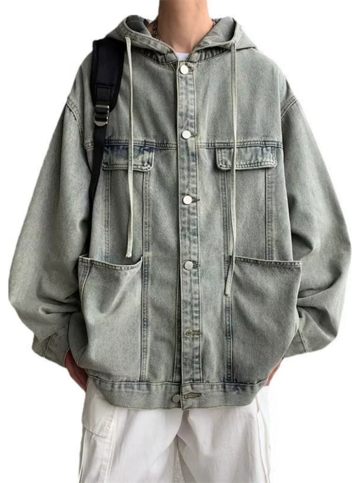 Áo khoác denim đường phố cao cấp dành cho nam giới hợp thời trang kiểu Mỹ cổ điển retro áo khoác mùa xuân và mùa thu quần áo bảo hộ lao động có mũ trùm đầu rộng rãi