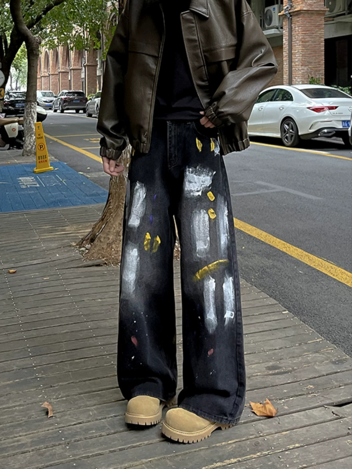 Quần jean graffiti phong cách hip-hop Mỹ dành cho nam và nữ, mẫu thu đông, quần thương hiệu hợp thời trang hip-hop, quần ống rộng dáng rộng.