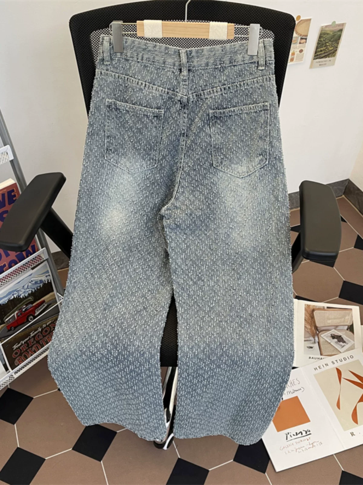 Quần jeans jacquard dày dặn dành cho nam, quần kiểu Mỹ cổ điển hợp thời trang, quần dài ống đứng rộng rãi thoáng mát mùa hè.