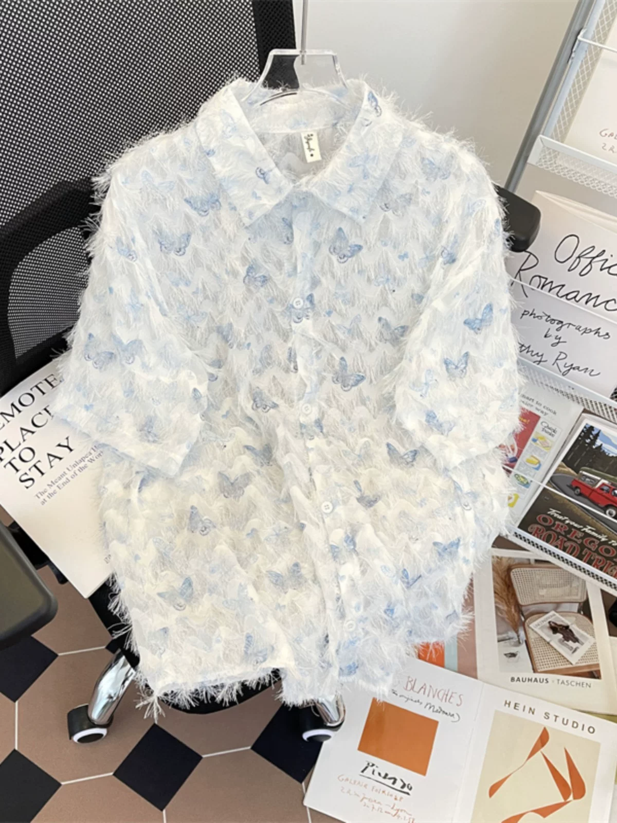 Áo sơ mi tua rua bướm jacquard nam tay ngắn cao cấp hàng đầu mùa hè dáng rộng thương hiệu thời trang Mỹ áo sơ mi cặp đôi áo khoác