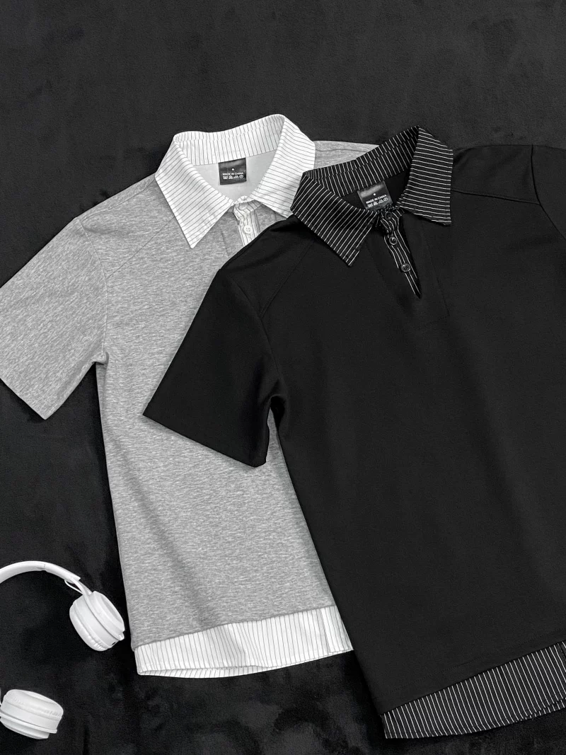 Áo polo giả hai mảnh phối sọc dành cho nam, thương hiệu thời thượng, dáng rộng, cổ bẻ, áo thun ngắn tay kiểu Mỹ mùa hè dành cho cặp đôi.