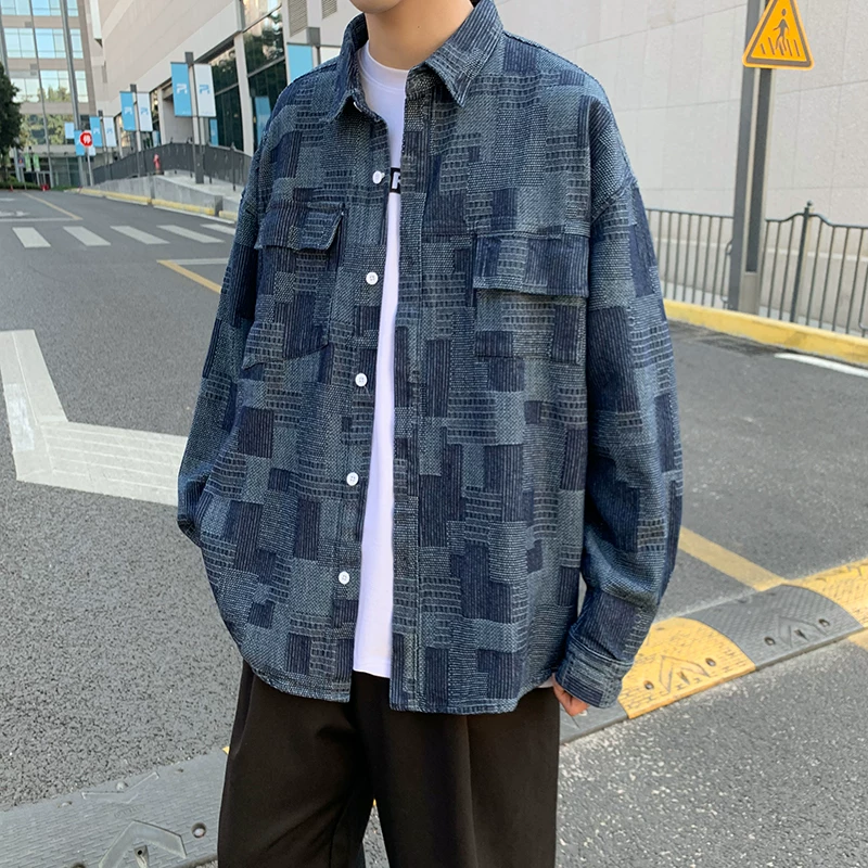 Áo sơ mi denim retro hợp thời trang, áo sơ mi dài tay đa năng, phong cách Hồng Kông, áo khoác công sở phong cách Hàn Quốc mùa hè dành cho nam