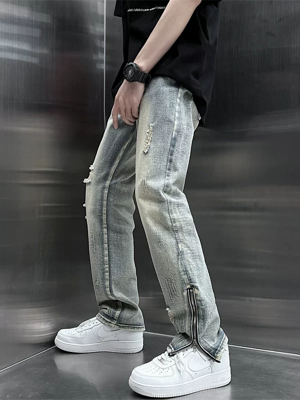 Quần có khóa kéo bên hông phong cách Mỹ, quần jean rách nam phong cách retro Mỹ, quần ống đứng thời trang xuân hè, thương hiệu thời thượng, cá tính.
