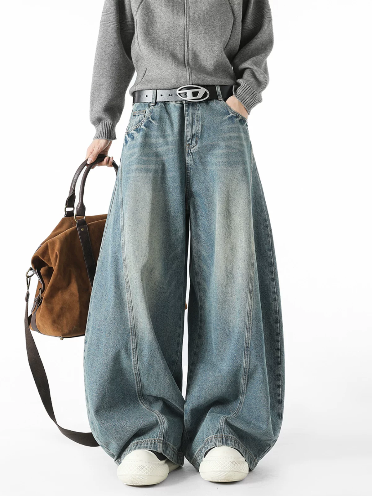 Quần jeans nam phong cách Mỹ hip-hop, quần dài ống rộng dáng suông, chất liệu vintage, xu hướng thu đông.