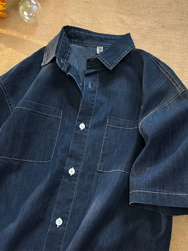 Áo sơ mi denim đã giặt nam tay ngắn phong cách Mỹ Nhật đa năng áo sơ mi thường ngày mùa hè dáng rộng hợp thời trang thương hiệu áo khoác cặp đôi