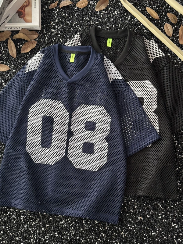 Áo thun ngắn tay cổ chữ V lưới rỗng dành cho nam và nữ, áo thể thao lụa băng mùa hè, áo kiểu cặp đôi hip-hop đường phố Mỹ