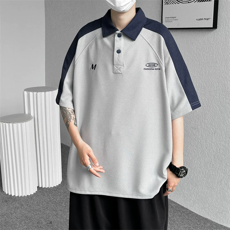Áo polo waffle chất liệu dày dặn dành cho nam, áo thun tay ngắn phối màu thời trang phong cách Mỹ mùa hè, áo kiểu dáng rộng rãi đa năng tay lửng.