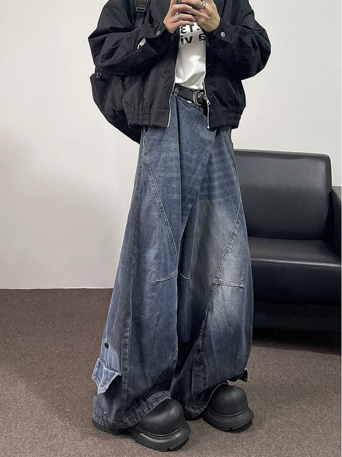 Quần jeans ống rộng nam chất liệu dày dặn, thiết kế hip-hop Mỹ mùa xuân, quần loe thời trang thương hiệu nổi tiếng.