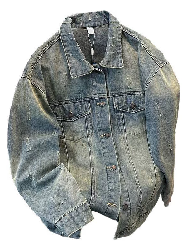 Áo khoác denim đã qua xử lý, hiệu ứng râu ria, dành cho nam, thiết kế thời trang xuân thu, kiểu dáng rộng rãi, phong cách retro Mỹ, áo khoác kiểu workwear.