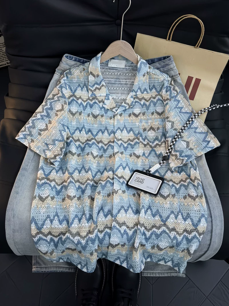 Áo sơ mi ngắn tay phong cách retro của Mỹ dành cho nam, áo khoác sơ mi dáng rộng có cổ mùa hè, thương hiệu thời thượng, áo đa năng phong cách giản dị, cá tính