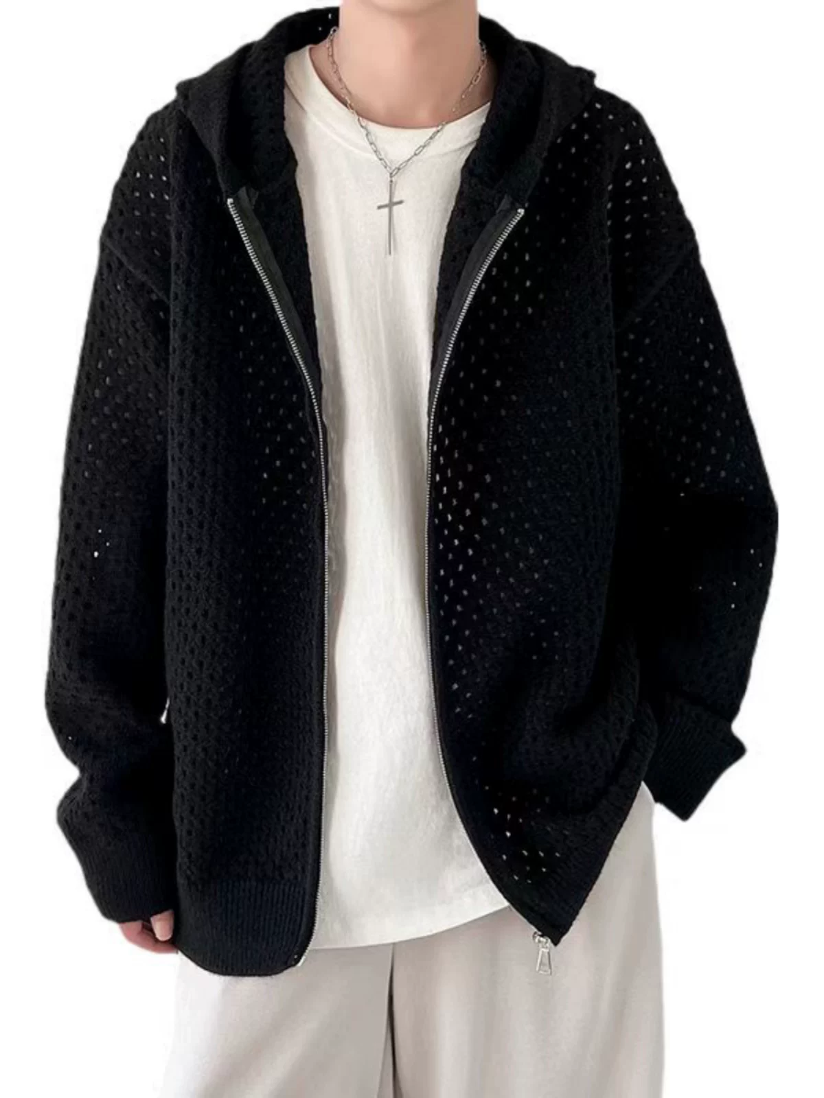 Áo len thiết kế khoét lỗ dành cho nam, áo cardigan có mũ rộng rãi, phong cách Mỹ thời thượng mùa xuân thu, kiểu dáng thoải mái dành cho cặp đôi.