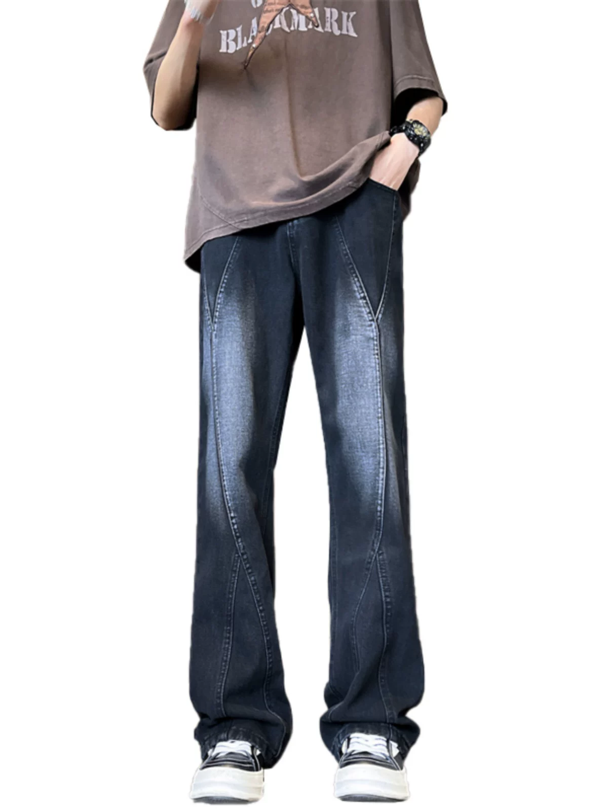 Quần jeans màu vàng đất phong cách đường phố Mỹ, quần casual mùa hè rộng rãi, hợp thời trang, kiểu dáng loe dành cho nam