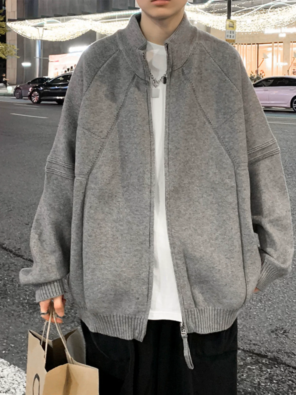 Áo len cardigan nam có khóa kéo đôi, dáng rộng, cổ đứng, kiểu dáng thoải mái, áo khoác dệt kim phong cách Mỹ thời thượng mùa xuân thu.