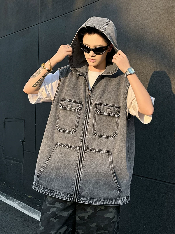 Áo vest denim không tay phong cách cổ điển Nhật Bản dành cho nam, áo khoác có mũ trùm đầu kiểu công sở hợp thời trang, áo khoác vest phá cách phong cách Mỹ mùa hè.