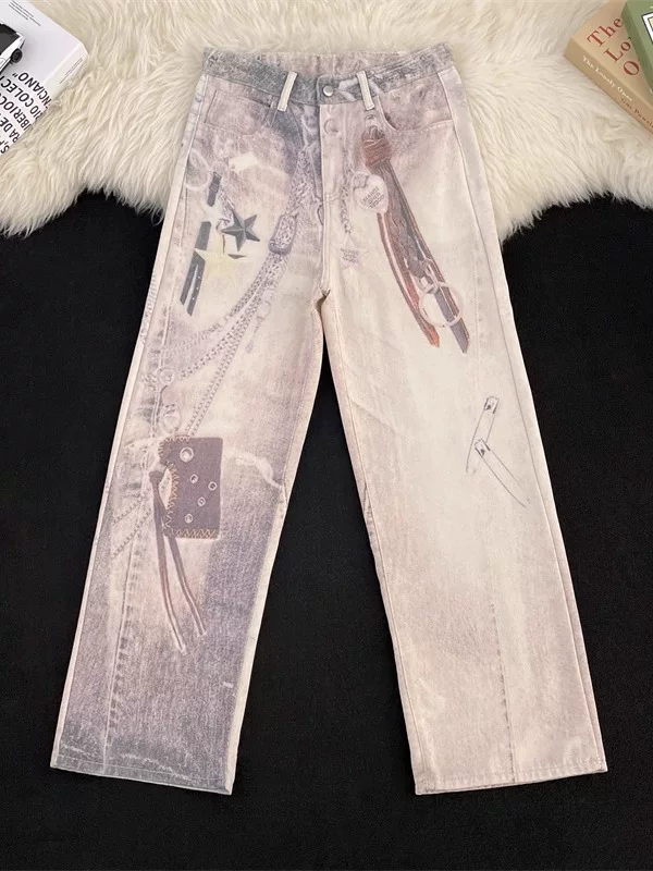 Quần jean in họa tiết dây xích cho nam, mùa xuân thu, quần ống đứng rách, quần ống rộng phong cách Mỹ thời thượng.