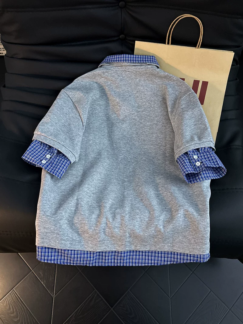 Áo sơ mi Polo giả hai mảnh kẻ sọc phối vải cho nam, áo thun cổ rộng phong cách Mỹ mùa hè, áo thiết kế thương hiệu thời thượng.