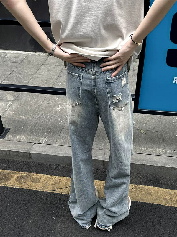 Quần jean rách thời thượng dành cho nam, kiểu dáng mỏng mùa hè, quần ống loe kiểu Mỹ, rộng rãi và thoáng mát, quần dài chạm đất.