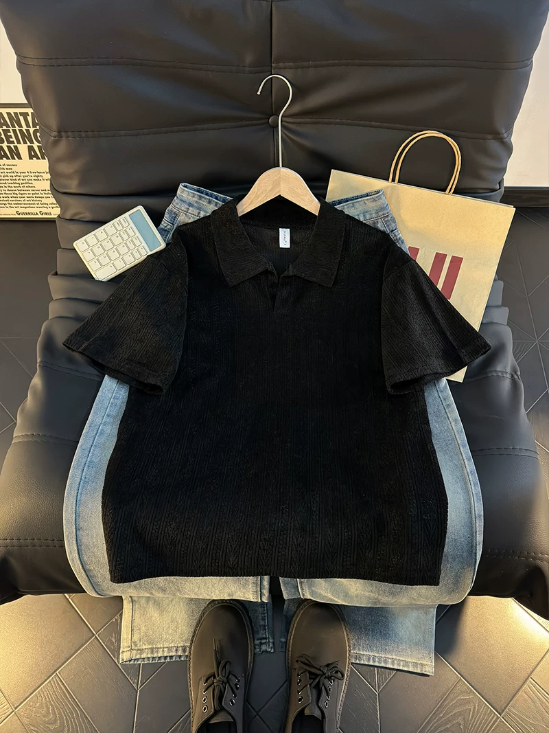 Áo Polo tay ngắn họa tiết tai lúa mì kiểu Mỹ dành cho nam, áo thun mùa hè đa năng, áo thun tay lửng dáng rộng thương hiệu thời thượng.