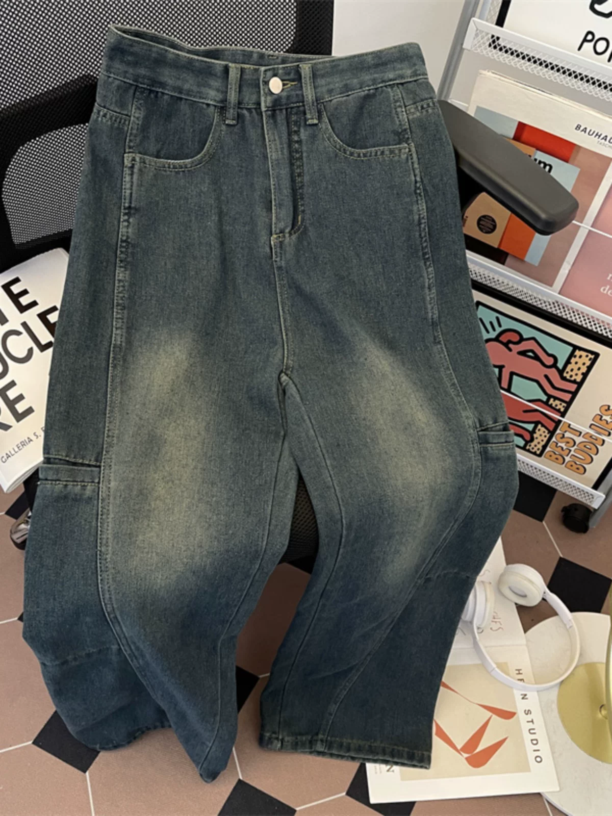Quần jean công sở phong cách vintage dành cho nam, quần cleanfit kiểu Mỹ hợp thời trang, quần dài ống rộng thoải mái cho mùa thu đông.