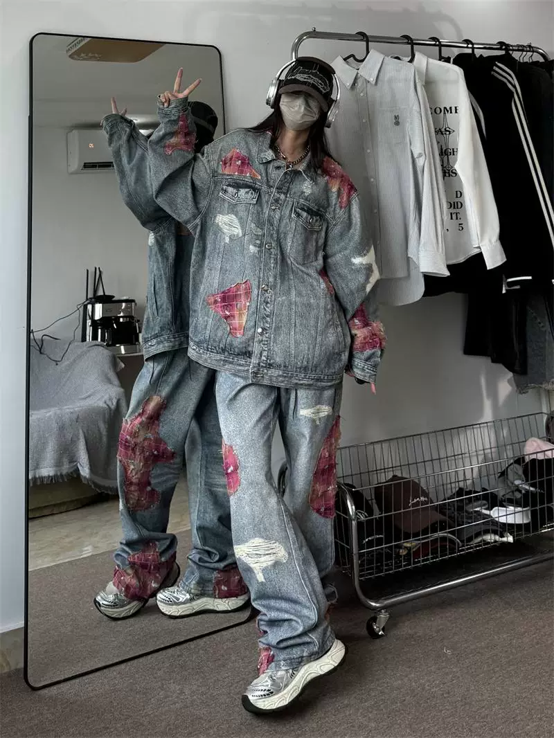 Áo khoác denim rách phối ren nặng chất liệu bền chắc dành cho nam, thiết kế độc đáo phong cách Mỹ, bộ áo khoác và quần denim dáng rộng.