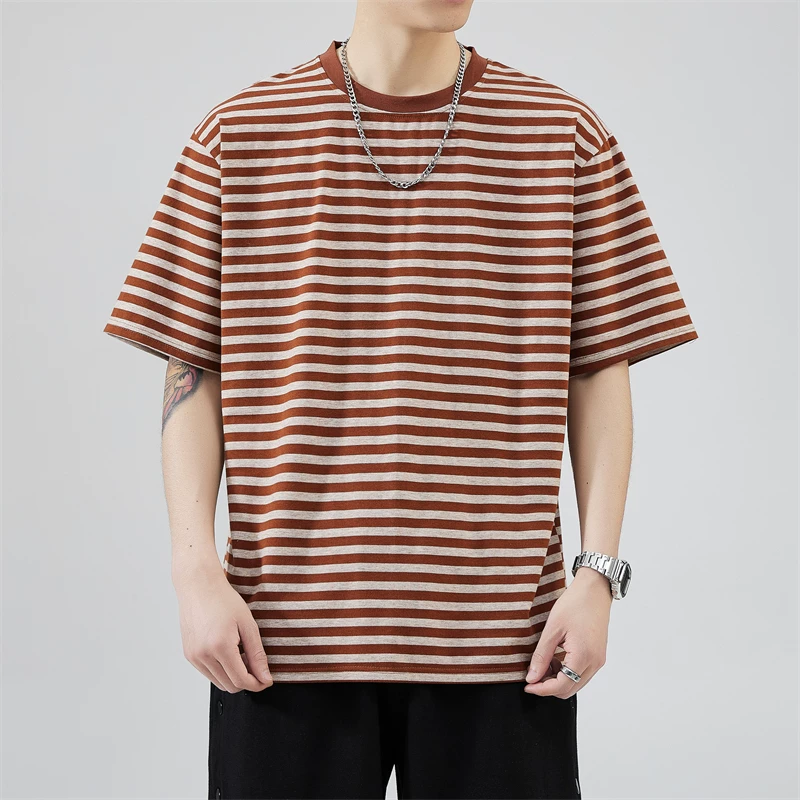 Áo thun nam tay ngắn sọc cotton nguyên chất, phong cách Nhật Bản, kiểu dáng đơn giản, thoải mái, dáng rộng mùa hè, áo thun nửa tay thời thượng và sành điệu.