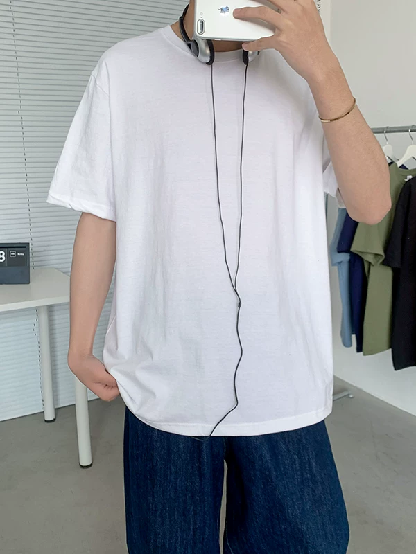 Áo thun ngắn tay cho nam, thương hiệu thời thượng, dáng rộng, áo thun nửa tay cotton nguyên chất hợp thời trang, phong cách Hồng Kông mùa hè, trang phục màu trơn đơn giản và đa năng.