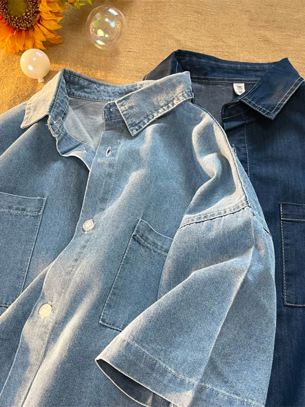 Áo sơ mi denim đã giặt nam tay ngắn phong cách Mỹ Nhật đa năng áo sơ mi thường ngày mùa hè dáng rộng hợp thời trang thương hiệu áo khoác cặp đôi