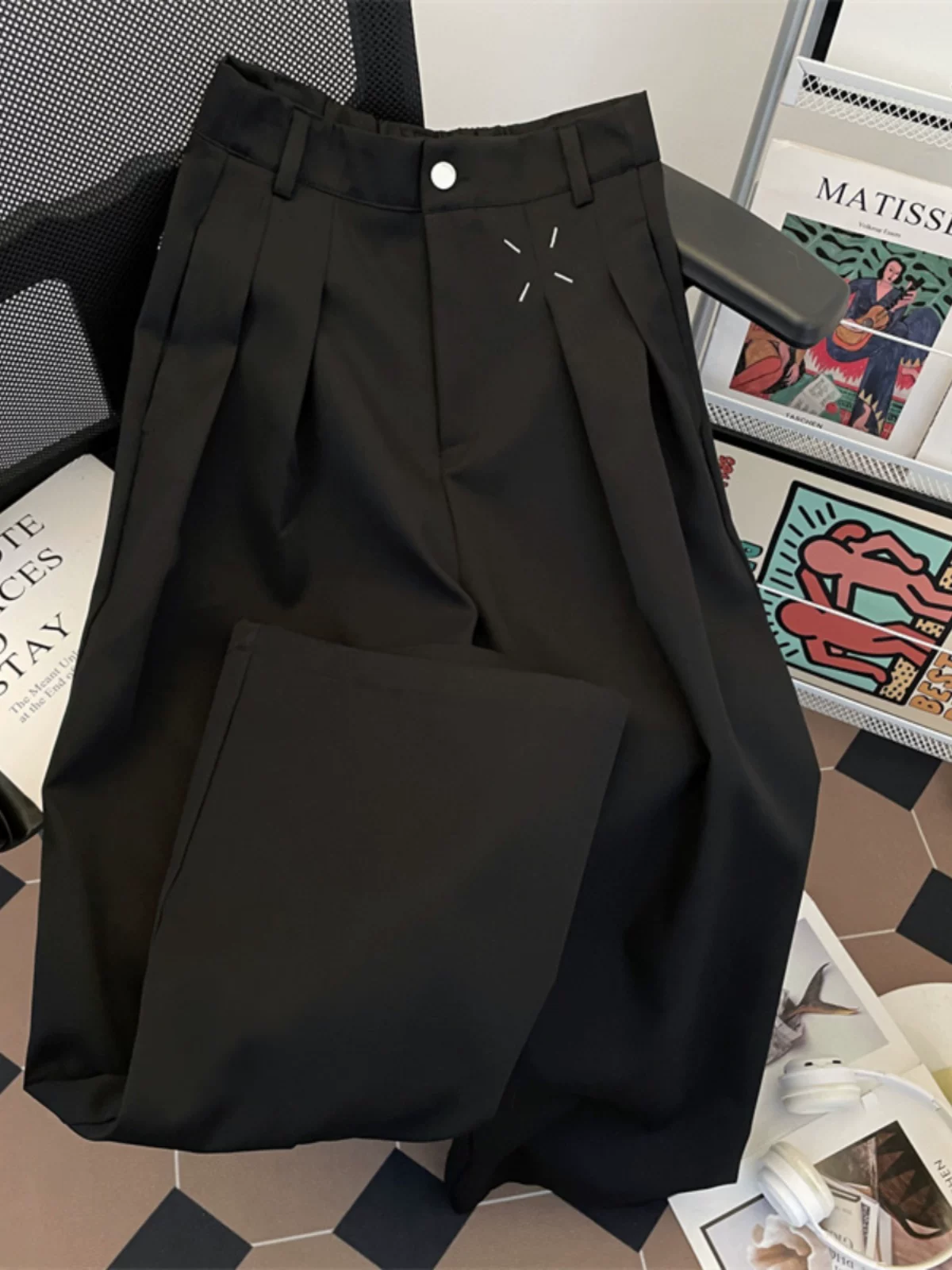 Quần tây nam lưng thun bán co giãn, phong cách cleanfit đường phố Mỹ, mùa xuân thu, quần ống rộng thoải mái có hiệu ứng xếp ly.