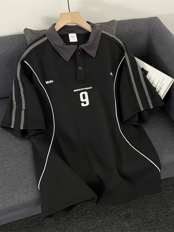 Áo polo thể thao kiểu Mỹ dành cho nam và nữ, phối màu, có cổ, tay ngắn, thiết kế thời thượng, áo bóng rổ dáng rộng.