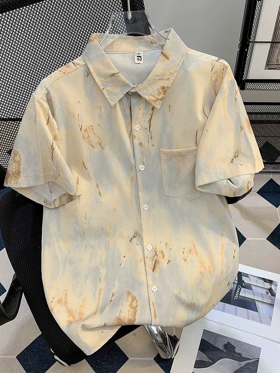Áo sơ mi ngắn tay chất liệu lụa băng nhuộm tie-dye dành cho nam, áo kiểu Mỹ mùa hè rộng rãi thoải mái, áo kiểu Hawaii phóng khoáng