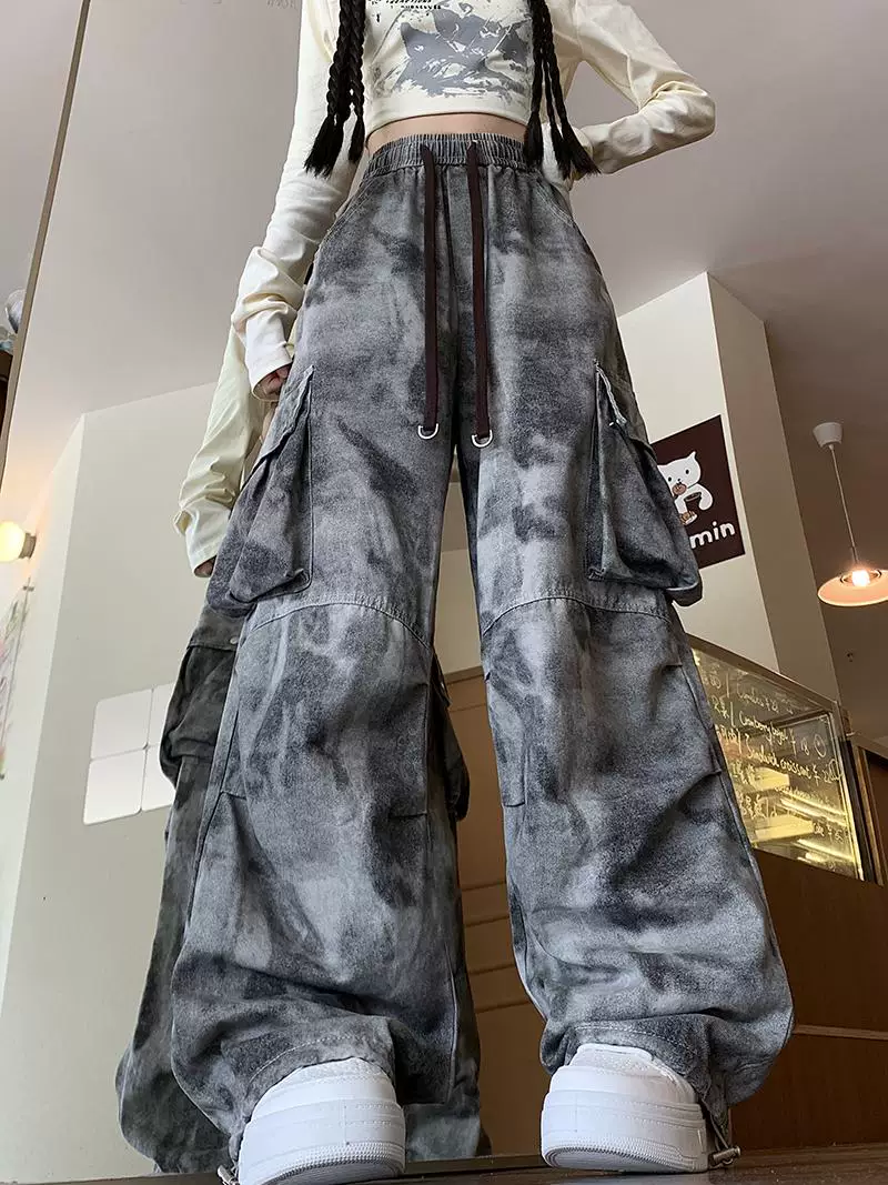 Quần cargo thường ngày nhuộm màu tie-dye dành cho nam và nữ, phong cách hip-hop đường phố Mỹ, quần dài ống rộng dáng suông hợp thời trang mùa xuân thu.
