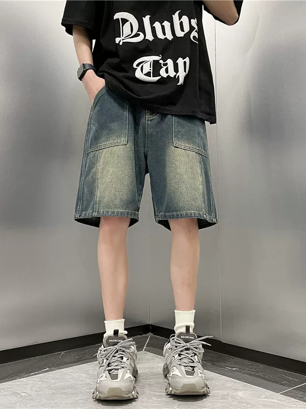 Quần short denim kiểu Nhật dành cho nam, quần dài vừa phải dáng rộng mùa hè, quần áo ngoài thương hiệu thời trang đa năng, quần năm phần.