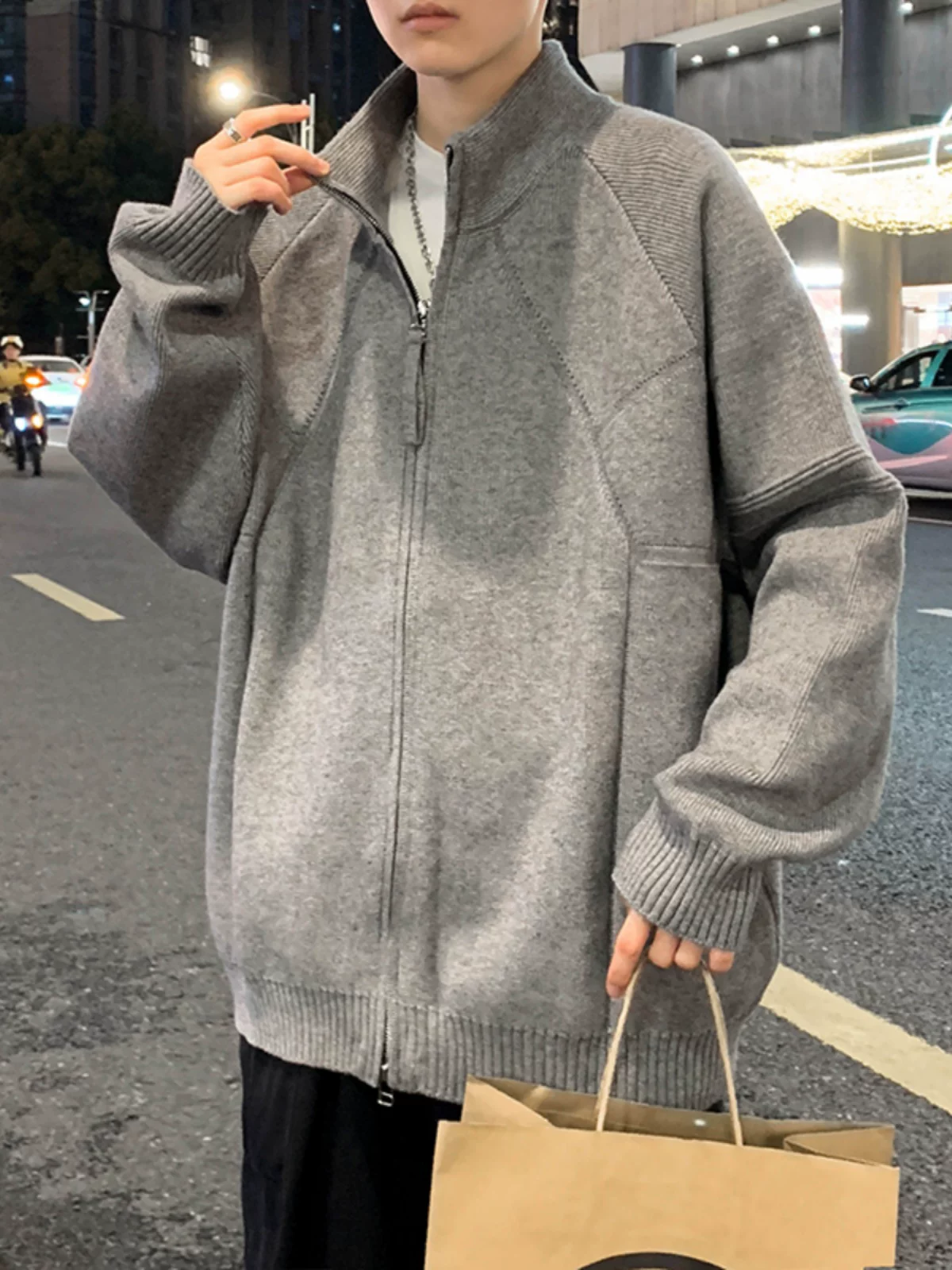 Áo len cardigan nam có khóa kéo đôi, dáng rộng, cổ đứng, kiểu dáng thoải mái, áo khoác dệt kim phong cách Mỹ thời thượng mùa xuân thu.