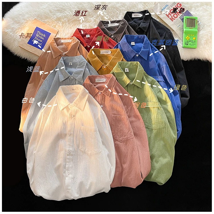 Áo sơ mi cotton và lanh mỏng mùa xuân dành cho nam, áo sơ mi lót màu trơn dáng rộng phong cách BF Hồng Kông, áo kiểu Hàn Quốc thời thượng sành điệu.