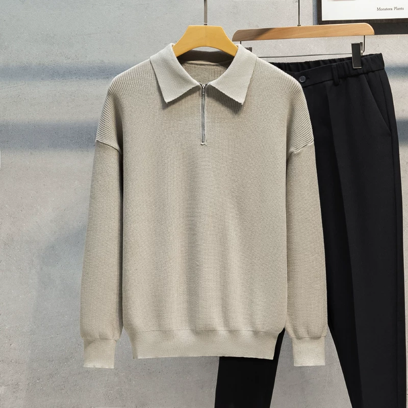 Áo len cổ polo nửa khóa kéo dành cho nam, áo len dệt kim mùa thu đông, phong cách Nhật Bản, thời trang đơn giản, năng động, áo len mặc trong.