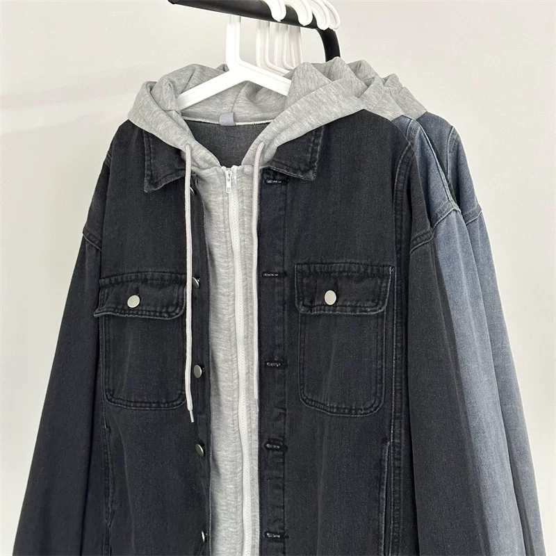 Áo khoác denim giả hai mảnh phong cách Hồng Kông, áo khoác nam sinh viên đa năng, áo khoác có mũ trùm đầu dáng rộng hợp thời trang mùa xuân thu