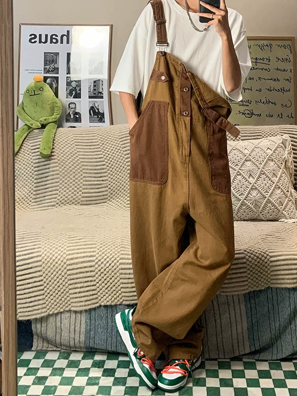 Quần yếm denim phong cách retro Nhật Bản dành cho nam, quần công sở ống rộng mùa hè, thiết kế thương hiệu thời thượng, quần dài dáng rộng thoải mái.