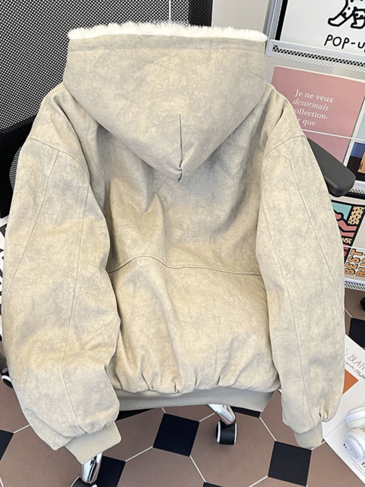 Áo khoác cotton lót lông cừu dày dặn cho nam và nữ, áo khoác bông len cừu mùa đông, áo khoác bông ngắn có mũ kiểu Mỹ thời trang.
