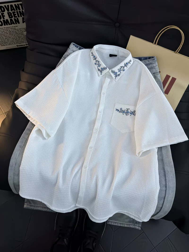 Áo sơ mi ngắn tay kiểu waffle phong cách Mỹ dành cho nam và nữ, thương hiệu thời thượng, áo thêu dáng rộng, áo khoác sơ mi mùa hè thường ngày.